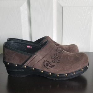 Women's Brown Suede Embroidered Sanita Clogs